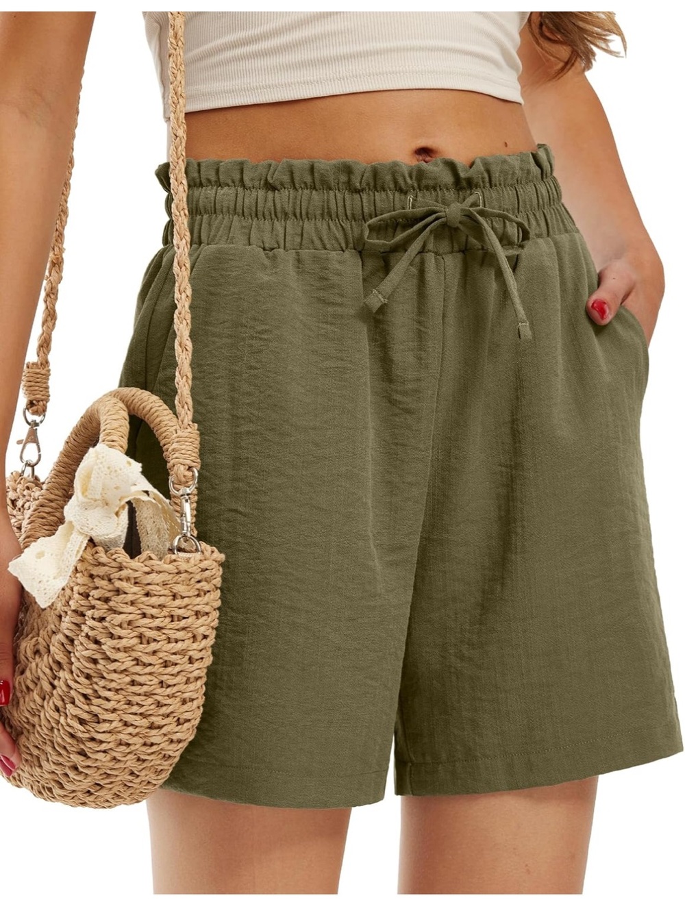 Libin Olive Green Linen High Waist Drawstring Shorts Women’s